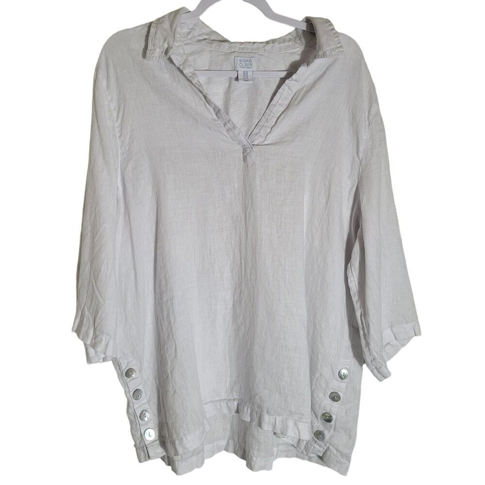 Sigrid Olson Popover Blouse Size 1X White 3/4 Sleeve Linen Lagenlook Minimalist